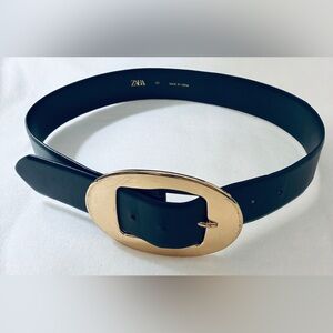 Zara Elegant Black Belt with Gold Oval Buckle